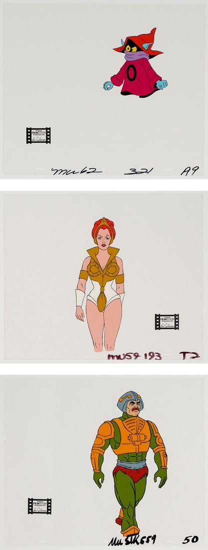 HE-MAN AND THE MASTERS OF THE UNIVERSE (1983-1985) - Teela, Orko and Man At Arms Original Production: HE-MAN AND THE MASTERS OF THE UNIVERSE (1983-1985) - Teela, Orko and Man At Arms Original Production Cels - Three original production cels from He-Man and the Masters of the Universe, Filmation Associ