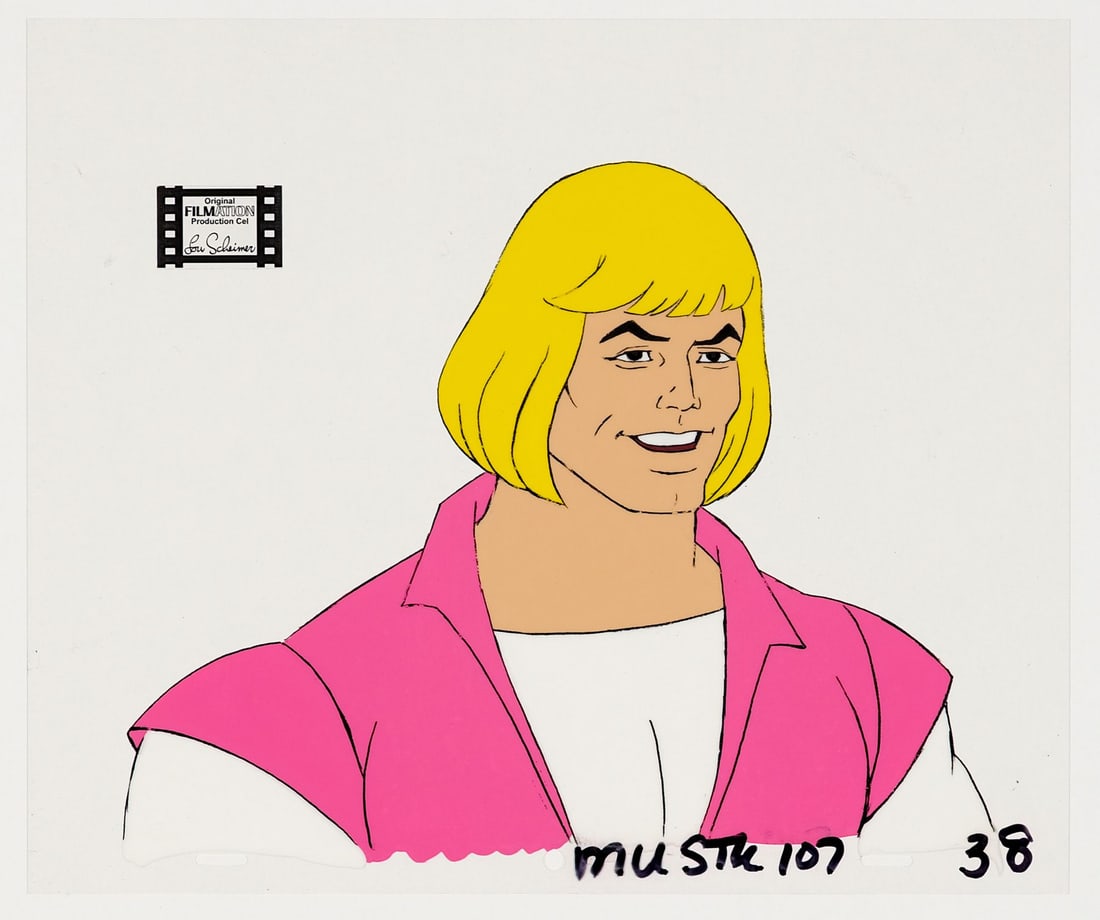 HE-MAN AND THE MASTERS OF THE UNIVERSE (1983-1985) - He-Man Original Production Cel: HE-MAN AND THE MASTERS OF THE UNIVERSE (1983-1985) - He-Man Original Production Cel - A fabulous original hand-painted stock production cel of Prince Adam from He-Man and the Masters of the Universe,