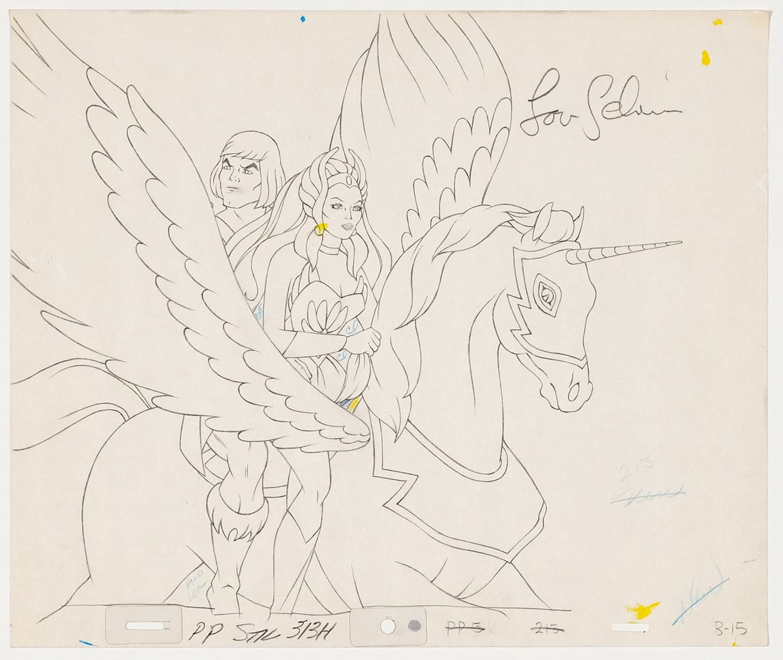 HE-MAN AND THE MASTERS OF THE UNIVERSE (1983-1985) - He-Man and She-Ra on Swift Wind Original: HE-MAN AND THE MASTERS OF THE UNIVERSE (1983-1985) - He-Man and She-Ra on Swift Wind Original Production Drawing Signed Lou Scheimer - A standout original production drawing of She-Ra and He-Man ridin