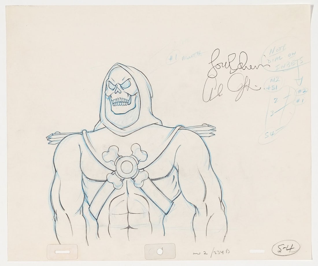 HE-MAN AND THE MASTERS OF THE UNIVERSE (1983-1985) - Skeletor Original Production Drawing Signed Lou: HE-MAN AND THE MASTERS OF THE UNIVERSE (1983-1985) - Skeletor Original Production Drawing Signed Lou Scheimer - There are drawings and there are drawings. This is a beautifully large, bold, full-torso