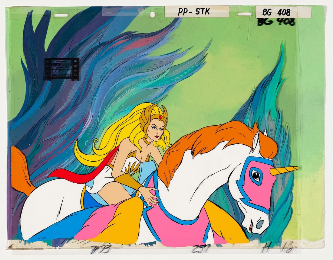 SHE-RA: PRINCESS OF POWER (T.V. SERIES 1985) - She-Ra and Swift Wind Original Production Cels on Key: SHE-RA: PRINCESS OF POWER (T.V. SERIES 1985) - She-Ra and Swift Wind Original Production Cels on Key Master Hand-Painted Background - There are pieces that define a series, and this is one of them. A
