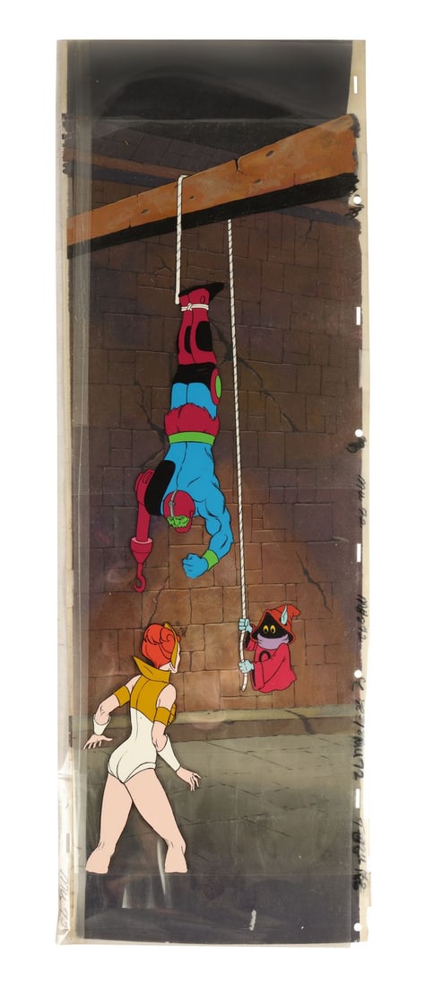 SHE-RA: PRINCESS OF POWER (T.V. SERIES 1985) - She-Ra, Orko and Trap-Jaw, Original Production Cel: SHE-RA: PRINCESS OF POWER (T.V. SERIES 1985) - She-Ra, Orko and Trap-Jaw, Original Production Cel Setup on Hand-Painted Master Background - An original multi-layered production cel setup from He-Man a