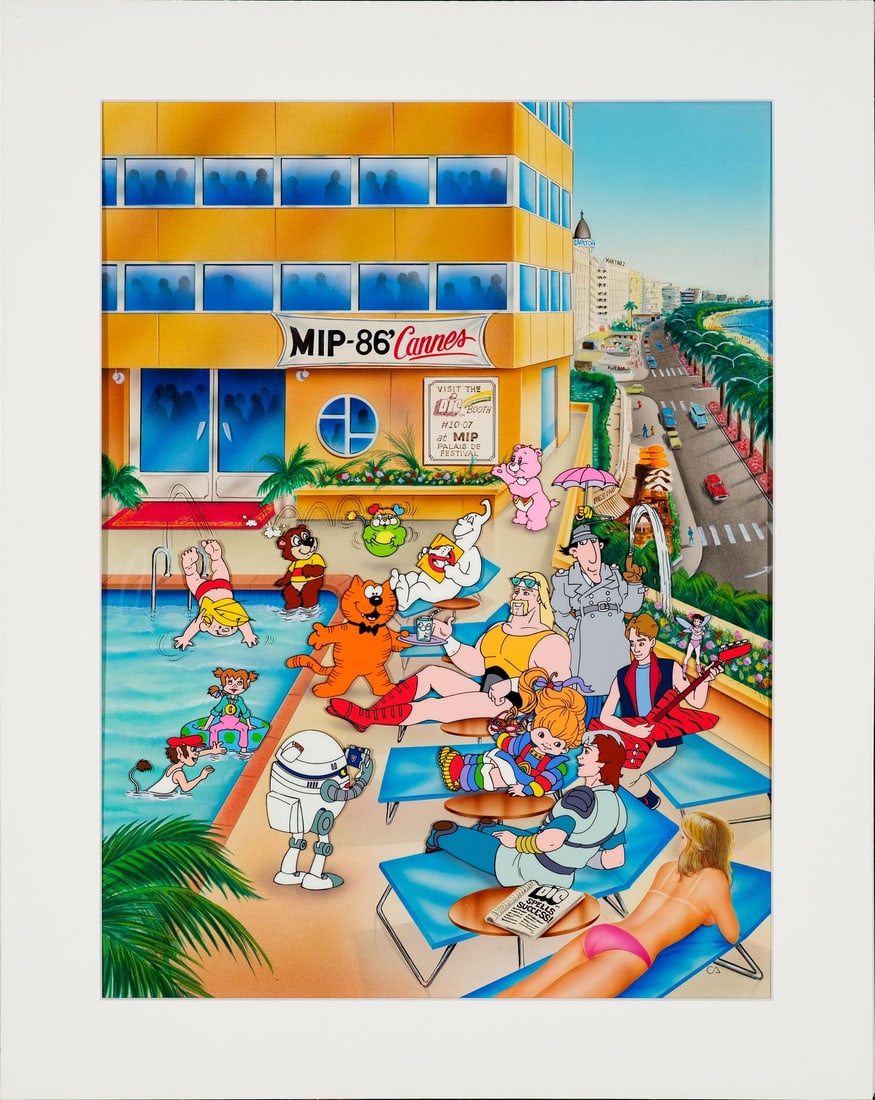 VARIOUS PRODUCTIONS - DIC Animation at MipCom 1986 and Hollywood Reporter Cover Hand-Painted: VARIOUS PRODUCTIONS - DIC Animation at MipCom 1986 and Hollywood Reporter Cover Hand-Painted Publicity Cel, on Key Master Hand-Painted Background. - An extraordinary original hand-painted promotional