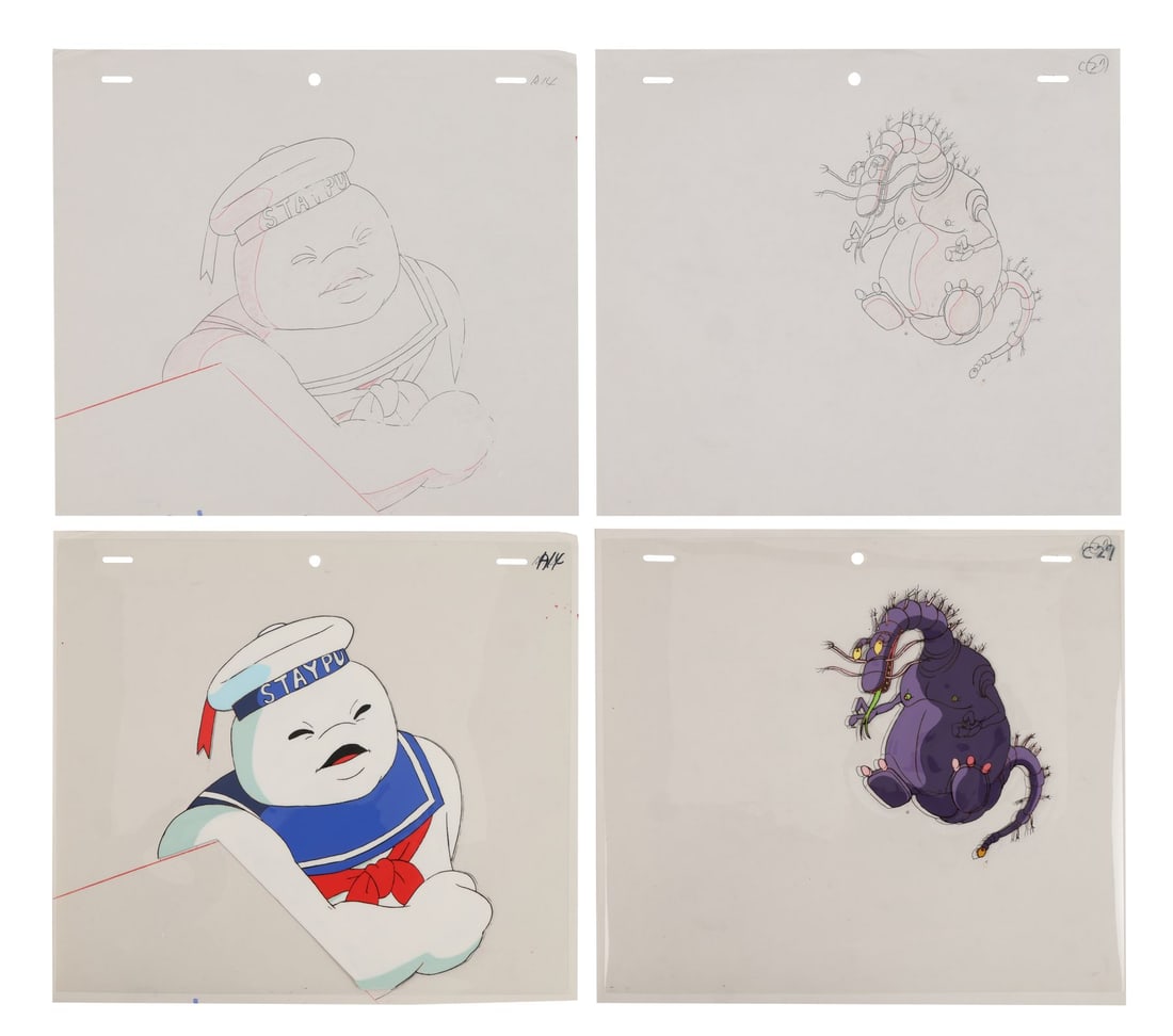 THE REAL GHOSTBUSTERS (1986) - Stay Puft Marshmallow Man and Ogre Original Production Cels and: THE REAL GHOSTBUSTERS (1986) - Stay Puft Marshmallow Man and Ogre Original Production Cels and Matching Original Production Drawings - An exceptional set of original production cels and matching drawi