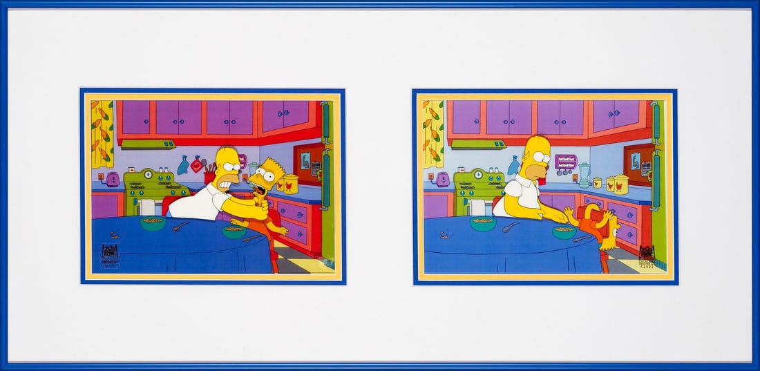 THE SIMPSONS (T.V. SERIES, 1989-PRESENT) - Two Homer Strangling Bart Original Framed Production Cels (1 of 1)