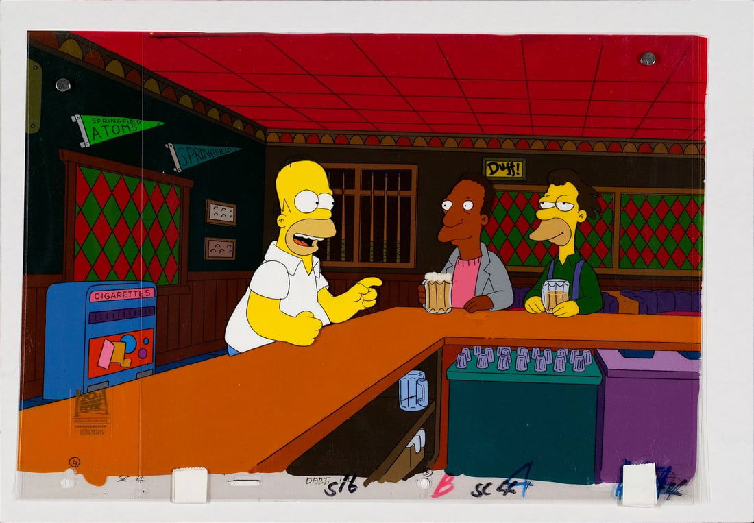 THE SIMPSONS (T.V. SERIES, 1989-PRESENT) - Homer Lenny and Carl Original Production Cel and Original: THE SIMPSONS (T.V. SERIES, 1989-PRESENT) - Homer Lenny and Carl Original Production Cel and Original Key Master Production Background from 'The Frying Game' - An original multi-character production ce