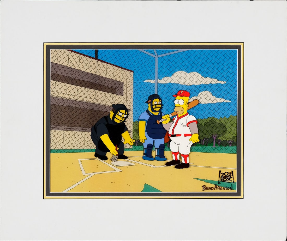 THE SIMPSONS (T.V. SERIES, 1989-PRESENT) - Homer Original Production Cel from "Homer at The Bat": THE SIMPSONS (T.V. SERIES, 1989-PRESENT) - Homer Original Production Cel from "Homer at The Bat" (1992) Signed by Brad Ableson, Matted - An original multi-character production cel setup of Homer Simps