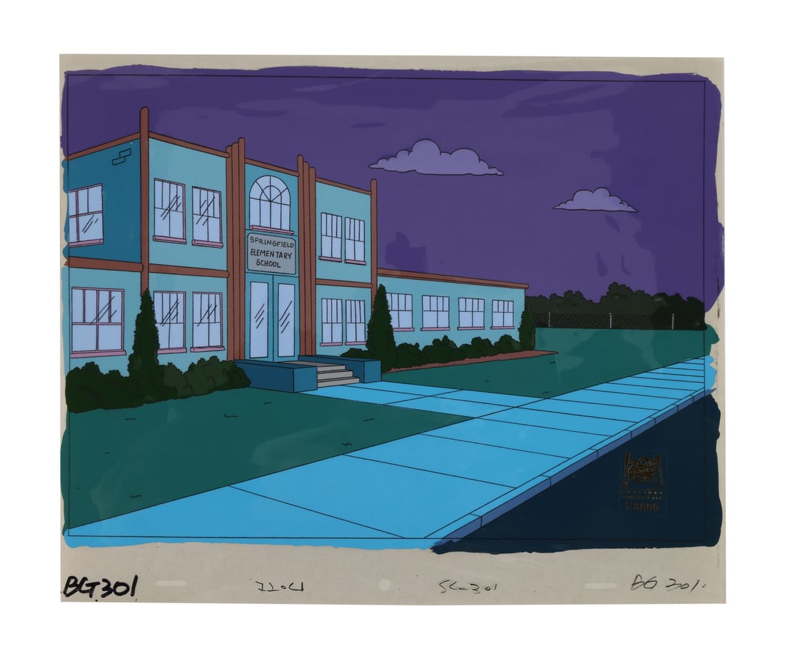 THE SIMPSONS (T.V. SERIES, 1989-PRESENT) - Elementary School Original Production Background Cel: THE SIMPSONS (T.V. SERIES, 1989-PRESENT) - Elementary School Original Production Background Cel - An original production background of Springfield Elementary School colored in blue and purple to show