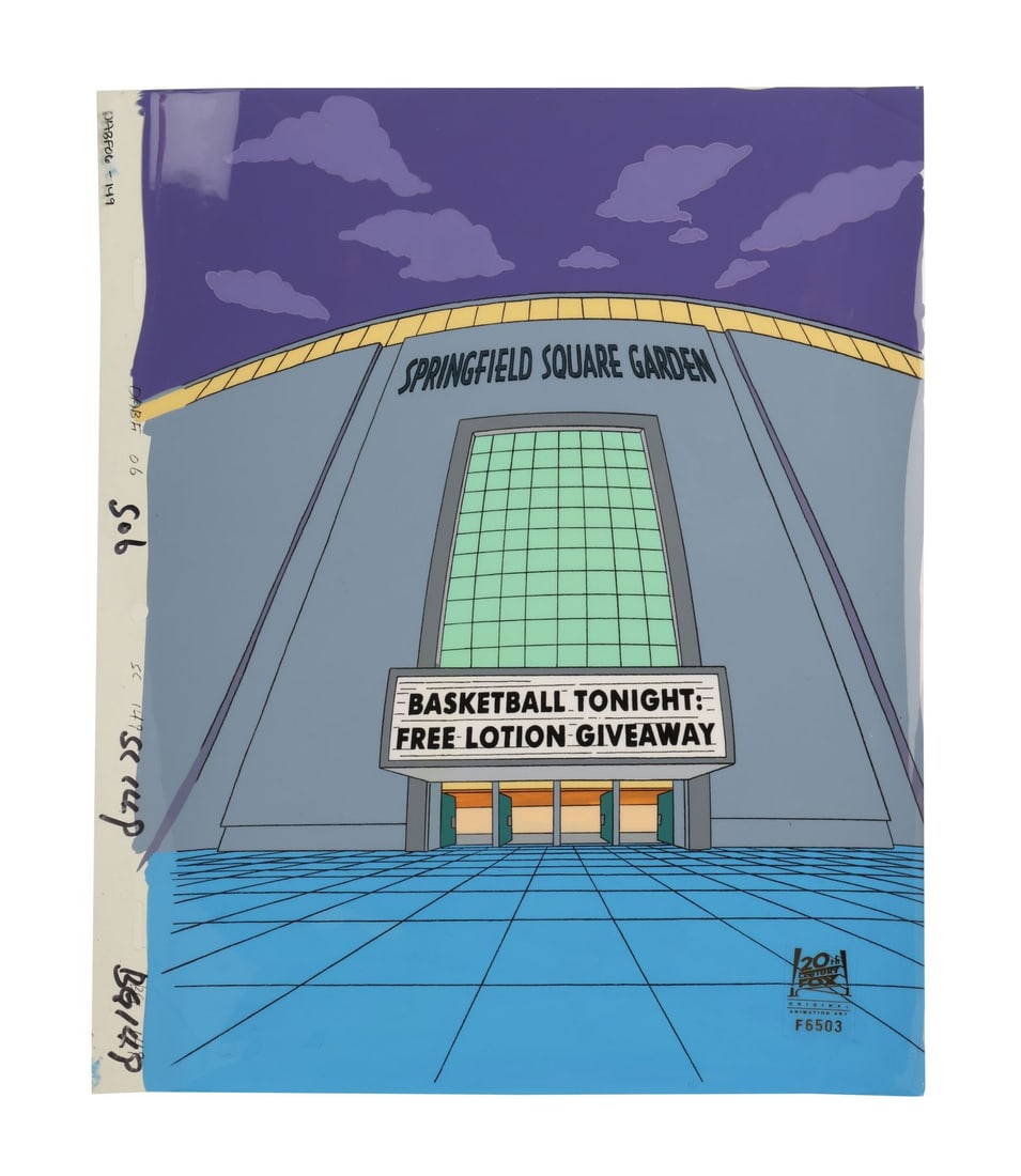 THE SIMPSONS (T.V. SERIES, 1989-PRESENT) - Springfield Square Garden Original Production Background: THE SIMPSONS (T.V. SERIES, 1989-PRESENT) - Springfield Square Garden Original Production Background Cel from "The Bart Wants What It Wants" - An original background production cel that establishes Spr