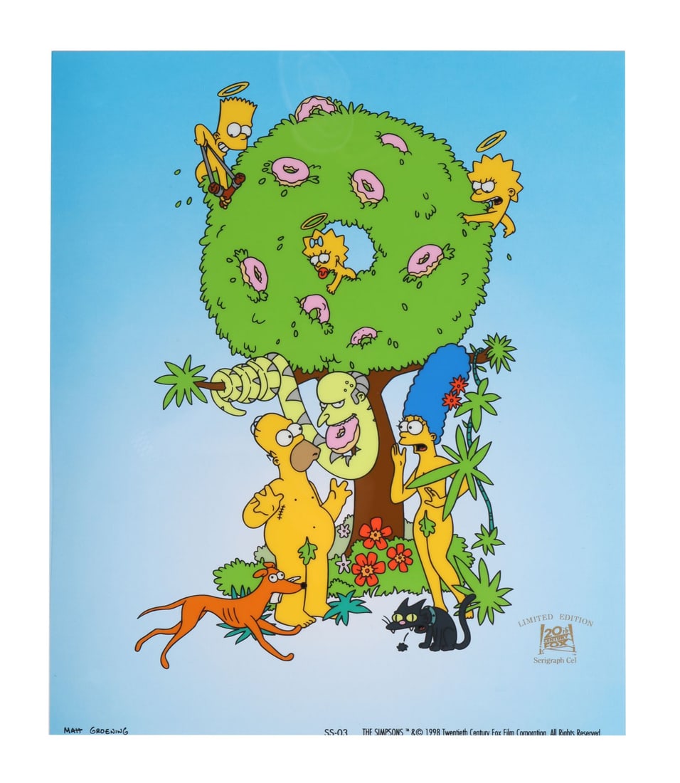 THE SIMPSONS (T.V. SERIES, 1989-PRESENT) - "The Garden of Springfield" Limited Edition Sericel: THE SIMPSONS (T.V. SERIES, 1989-PRESENT) - "The Garden of Springfield" Limited Edition Sericel - A limited edition sericel with original artwork depicting a Simpsons parody of the Garden of Eden with