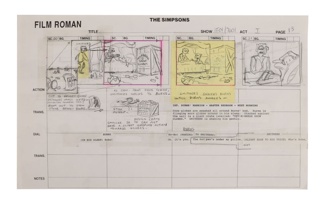 THE SIMPSONS (T.V. SERIES, 1989-PRESENT) - Burns and Smithers Original Production Storyboards from: THE SIMPSONS (T.V. SERIES, 1989-PRESENT) - Burns and Smithers Original Production Storyboards from "Rosebud" - An original hand-drawn storyboard from the fourth episode of season five titled "Rosebud"