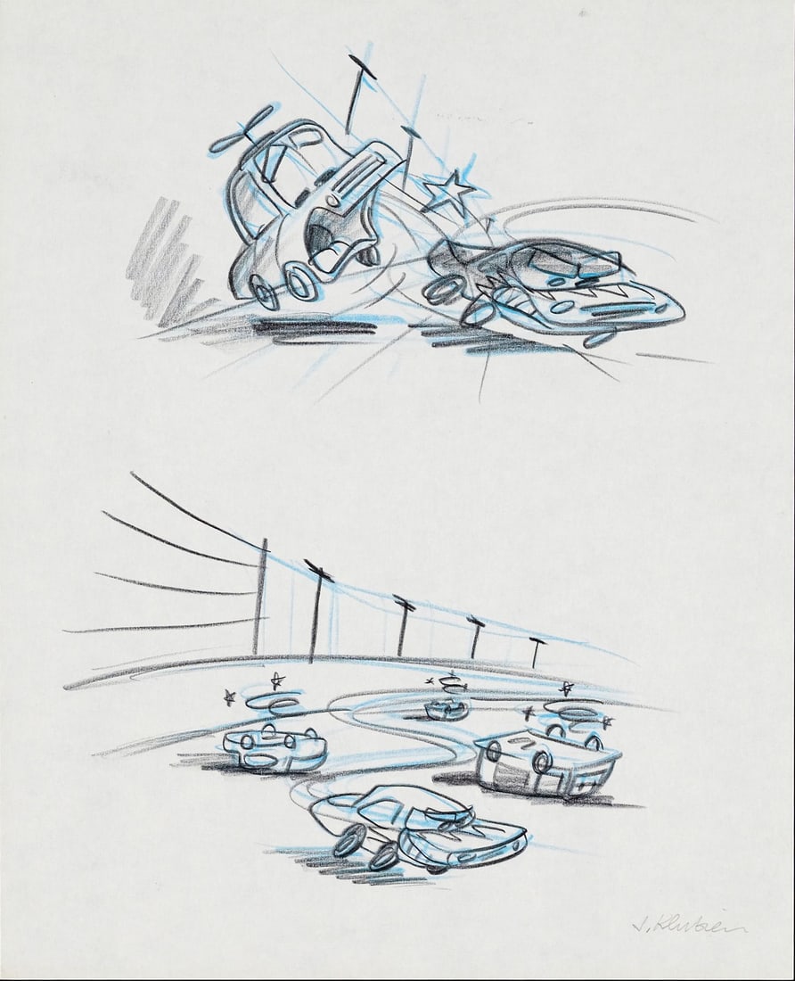 CARS (2006) - Cars Beat Board Signed Jorgen Klubien: CARS (2006) - Cars Beat Board Signed Jorgen Klubien - An energetic original storyboard from Cars (Pixar Animation Studios, 2006) featuring two dynamic racing sequences, signed by story artist Jorgen K