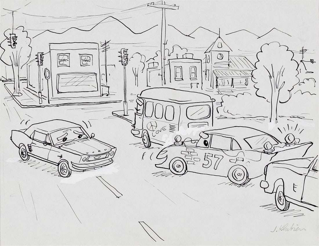 CARS (2006) - Radiator Springs Original Beat Board Signed Jorgen Klubien: CARS (2006) - Radiator Springs Original Beat Board Signed Jorgen Klubien - A dynamic original Beat Board from Cars (Pixar Animation Studios, 2006) featuring Lightning McQueen, Doc Hudson, and the Volk