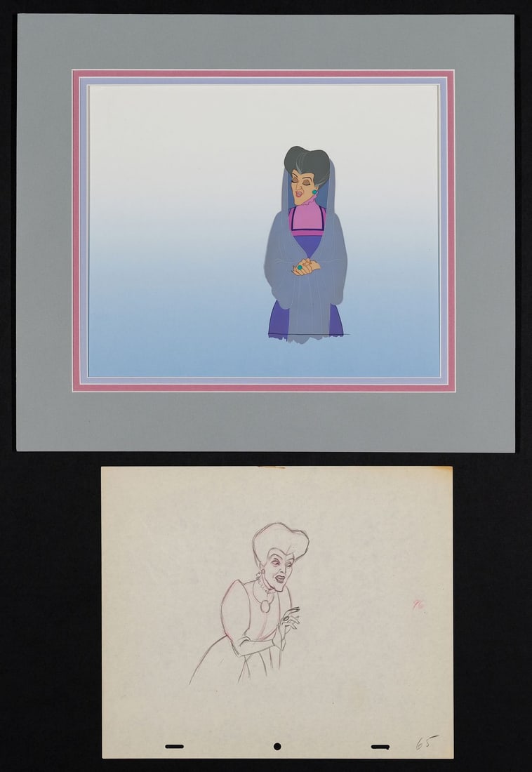 CINDERELLA (1950) - Lady Termaine Original Production Cel and Original Production Drawing: CINDERELLA (1950) - Lady Termaine Original Production Cel and Original Production Drawing - An exceptional original production cel and drawing of Lady Tremaine from Cinderella (Walt Disney, 1950), pre