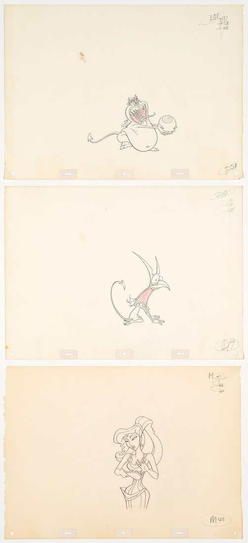 HERCULES (1995) - Pain, Panic, Megara Original Production Drawings: HERCULES (1995) - Pain, Panic, Megara Original Production Drawings - An exceptional collection of three original production drawings from Walt Disney's Hercules (1997), featuring Pain, Panic, and Mega