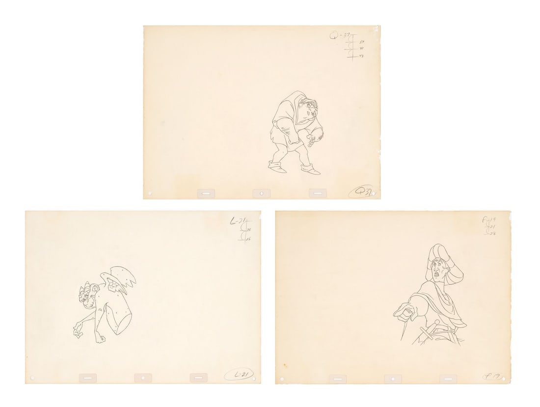 THE HUNCHBACK OF NOTRE DAME (1996) - Quasimodo, Claude Frollo, Hugo Original Production Drawings: THE HUNCHBACK OF NOTRE DAME (1996) - Quasimodo, Claude Frollo, Hugo Original Production Drawings - An exceptional collection of three original production drawings from Walt Disney's The Hunchback of N