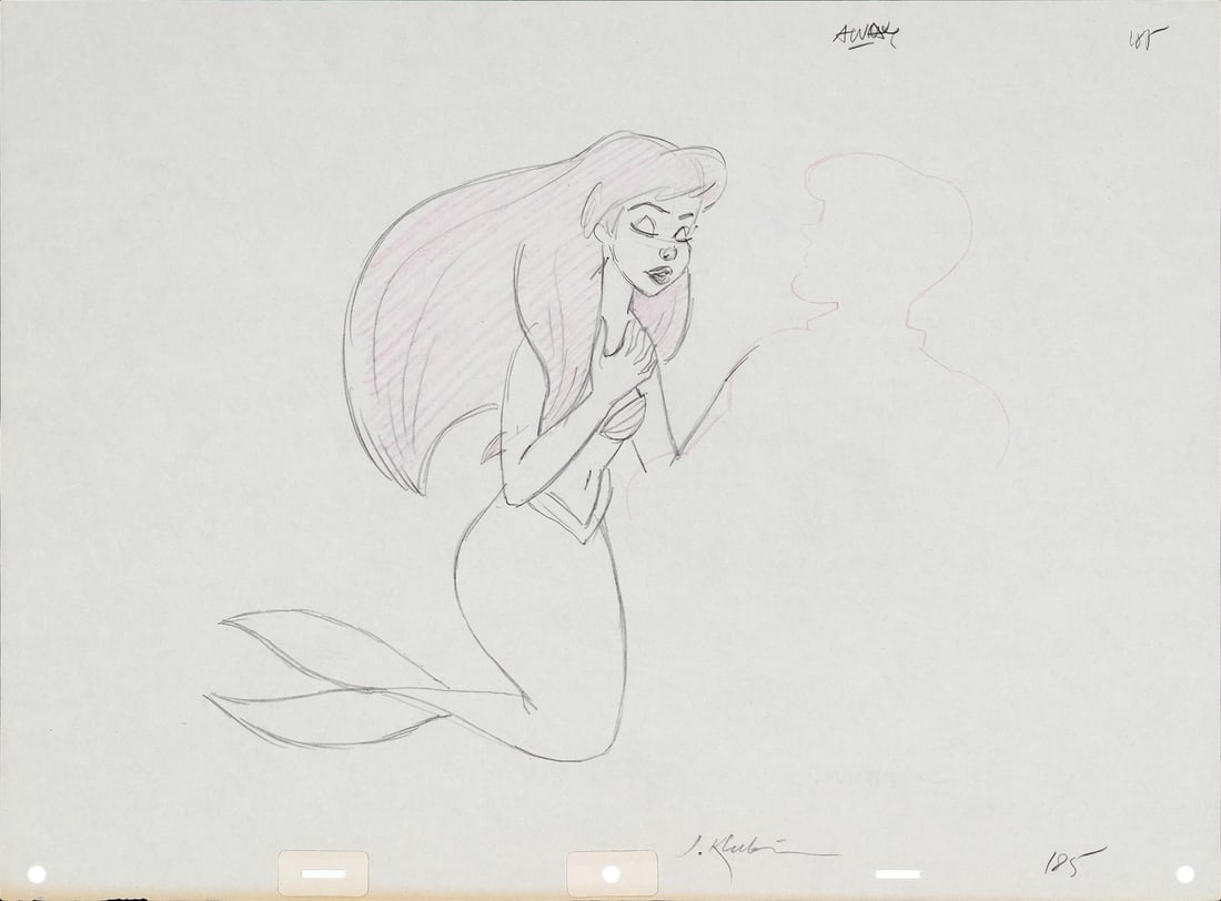 THE LITTLE MERMAID (1989) - Ariel Original Production Drawing Signed Jorgen Klubien: THE LITTLE MERMAID (1989) - Ariel Original Production Drawing Signed Jorgen Klubien - A beautiful original production drawing of Ariel from The Little Mermaid (Walt Disney, 1989), signed by animator J