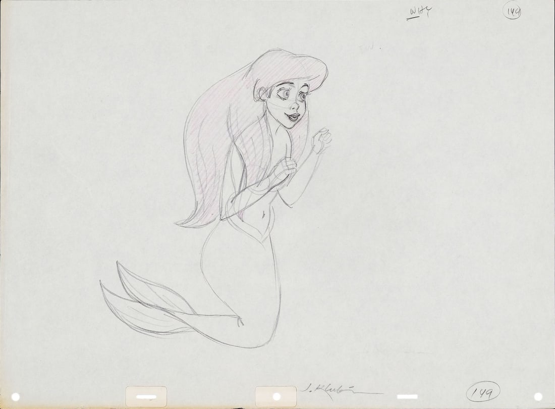 THE LITTLE MERMAID (1989) - Ariel Original Production Drawing from "The Little Mermaid" Signed: THE LITTLE MERMAID (1989) - Ariel Original Production Drawing from "The Little Mermaid" Signed Jorgen Klubien - A tender and gorgeous original production drawing of Ariel from The Little Mermaid (Walt