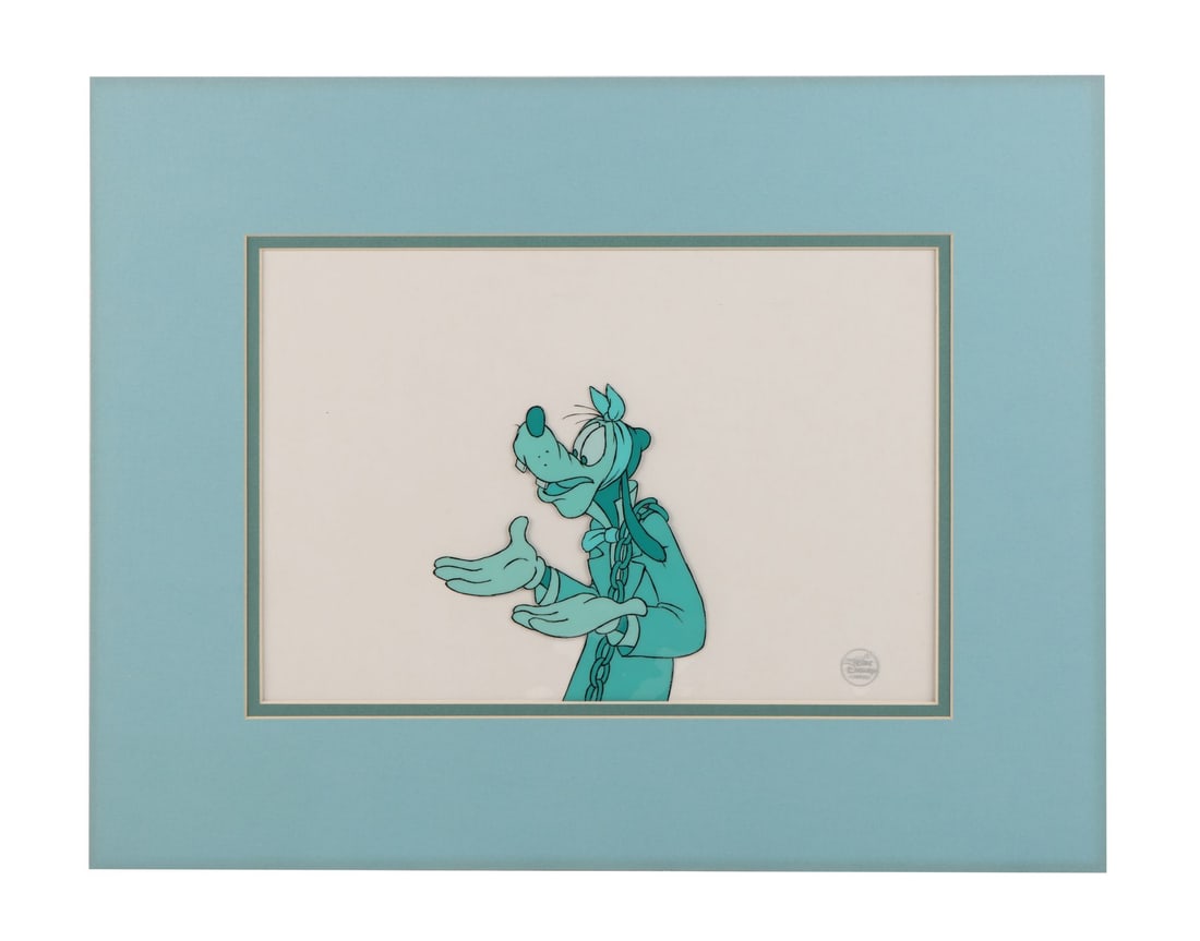 MICKEY'S CHRISTMAS CAROL (1983) - Goofy as the Ghost of Jacob Marley, Matted: MICKEY'S CHRISTMAS CAROL (1983) - Goofy as the Ghost of Jacob Marley, Matted - A strong original hand-painted production cel featuring Goofy in his role as Jacob Marley's Ghost from Mickey's Christmas