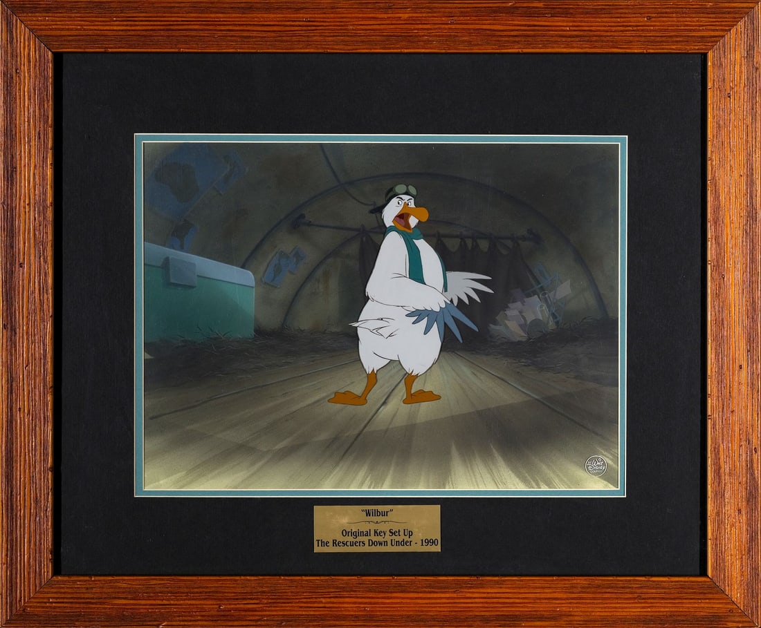 THE RESCUERS DOWN UNDER (1990) - Wilbur Original Production Cel on Hand-Painted Key Master: THE RESCUERS DOWN UNDER (1990) - Wilbur Original Production Cel on Hand-Painted Key Master Production Background, Framed - A fabulous original production cel of the wonderful Wilbur the Albatross on t