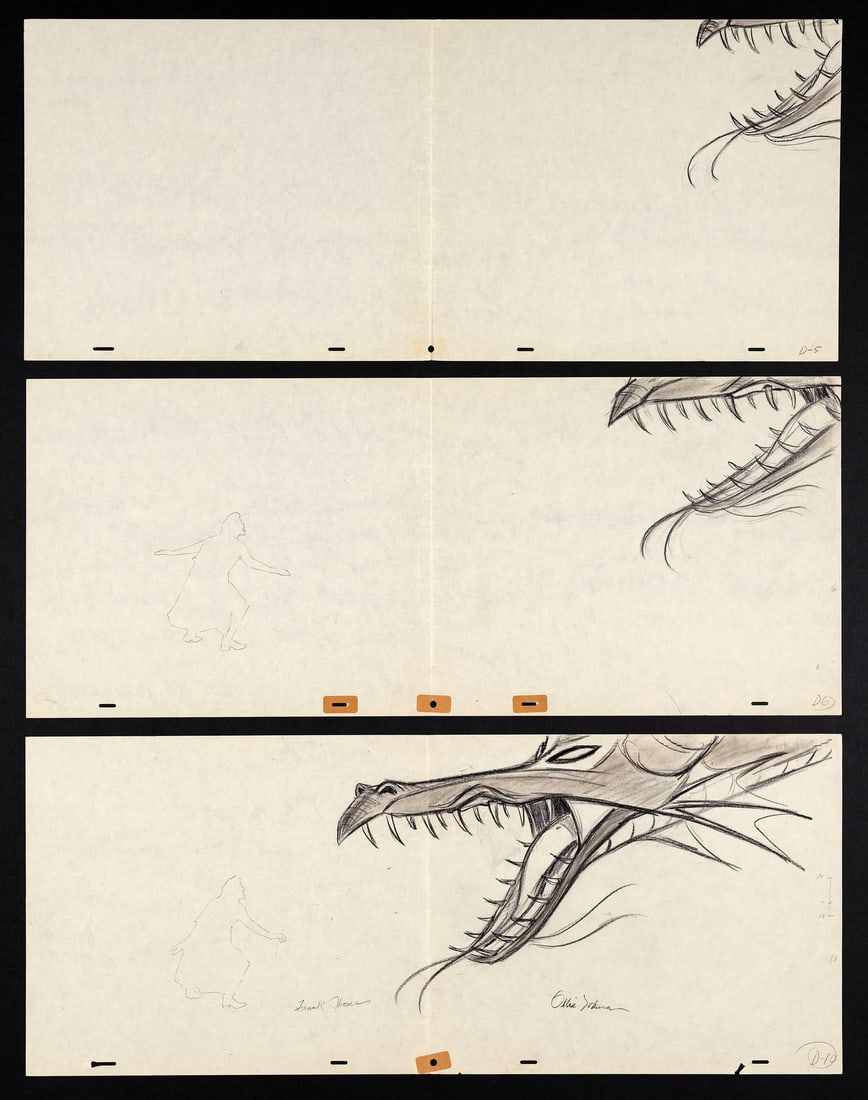 SLEEPING BEAUTY (1959) - Maleficent as the Dragon, and Prince Phillip Original Production Drawing: SLEEPING BEAUTY (1959) - Maleficent as the Dragon, and Prince Phillip Original Production Drawing Signed Frank Thomas and Ollie Johnston - An extraordinary set of three original production layout draw