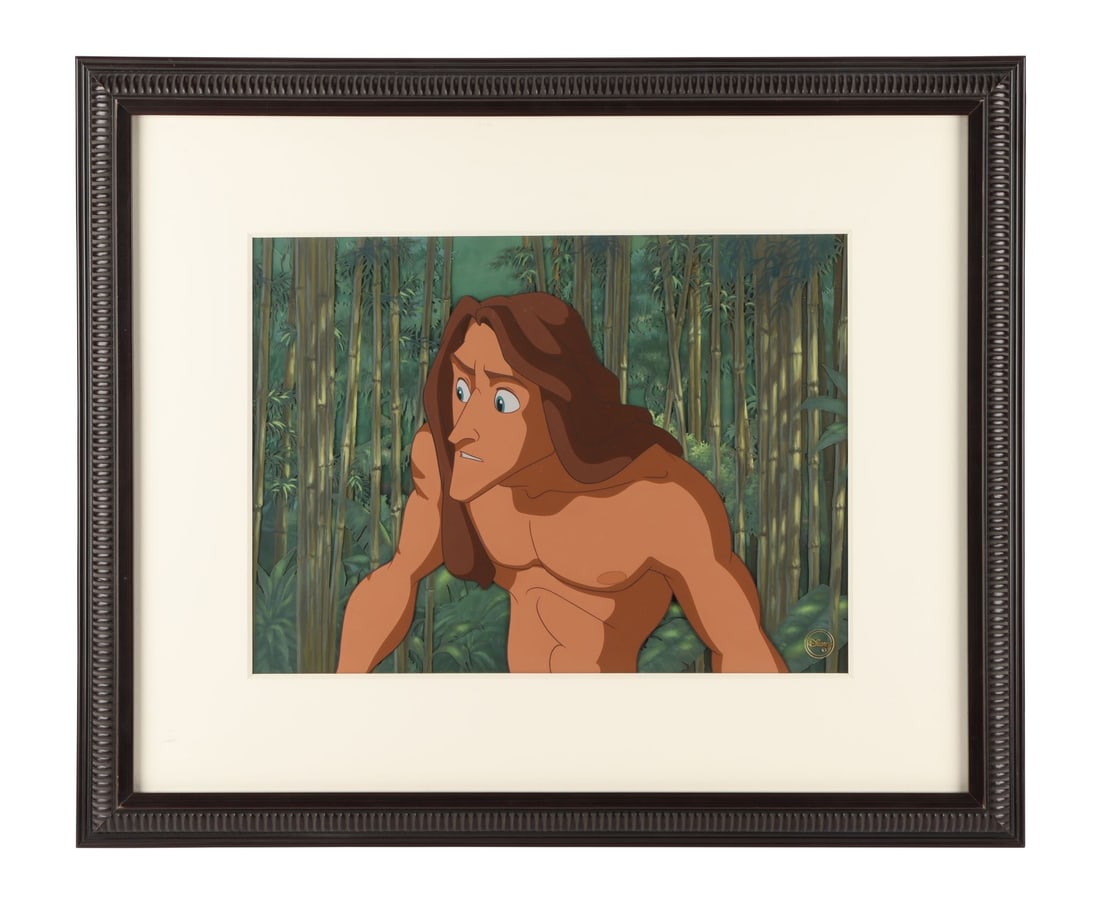 TARZAN (1999) - 423. Framed Tarzan Multi-Layer Hand-Painted Cel and Original Production Background: TARZAN (1999) - 423. Framed Tarzan Multi-Layer Hand-Painted Cel and Original Production Background - A three-cel setup featuring Tarzan from Walt Disney's 1999 animated feature, presented on its origi