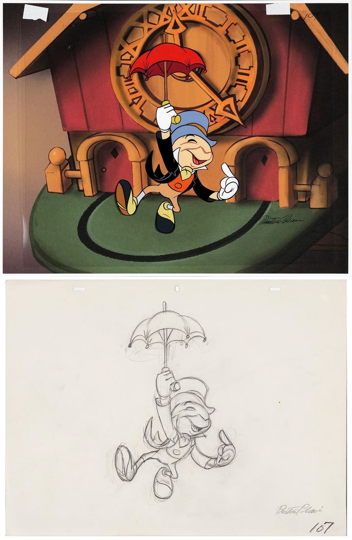 WALT DISNEY ANIMATION STUDIOS - Jiminy Cricket Original Production Cel on Presentation Background (1 of 3)