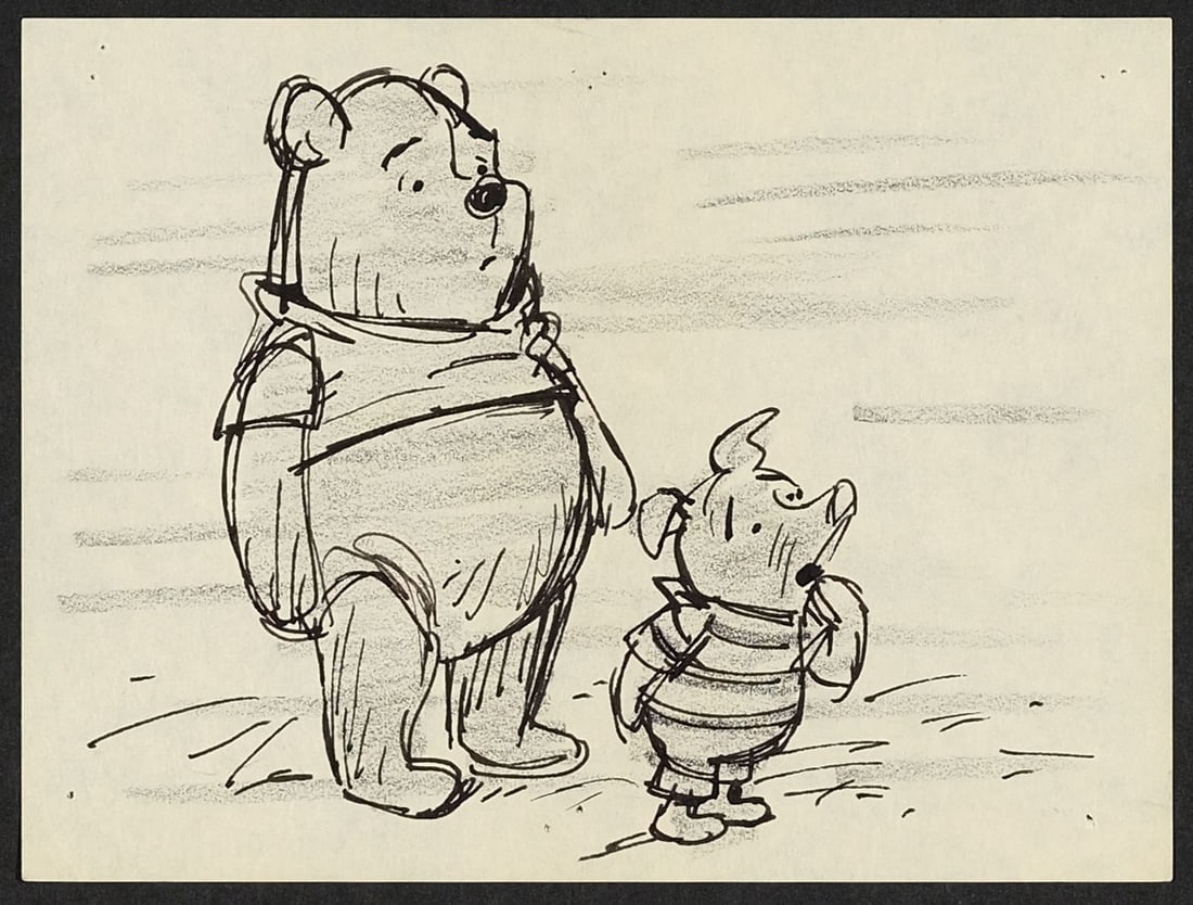 WINNIE THE POOH AND TIGGER TOO (1977) - Pooh and Piglet Original Storyboard Drawing: WINNIE THE POOH AND TIGGER TOO (1977) - Pooh and Piglet Original Storyboard Drawing - An endearing original storyboard from Winnie the Pooh and Tigger Too (Walt Disney, 1974) capturing the self procla