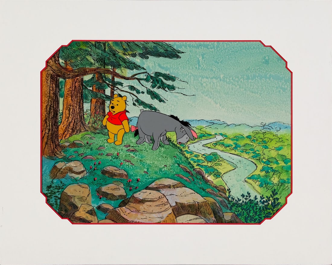WINNIE THE POOH (EDUCATIONAL 1980S) - Winnie the Pooh and Eeyore Education Short 1980s Original: WINNIE THE POOH (EDUCATIONAL 1980S) - Winnie the Pooh and Eeyore Education Short 1980s Original Production Cel on Production Background - A delightful original production cel and background setup from