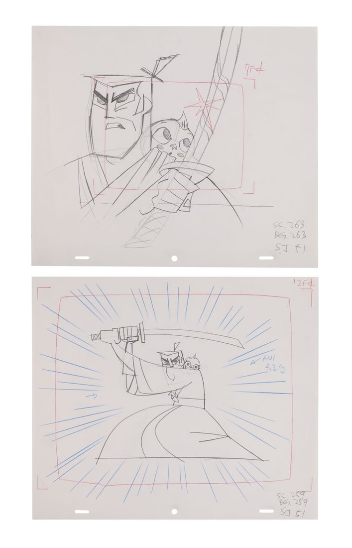 SAMURAI JACK (T.V. SERIES, 2001-2004) - A set of two Original Camera Layout Drawings from Episode: SAMURAI JACK (T.V. SERIES, 2001-2004) - A set of two Original Camera Layout Drawings from Episode SJ51 - Two original camera layout drawings from Samurai Jack, Cartoon Network, 2001-2004, created unde