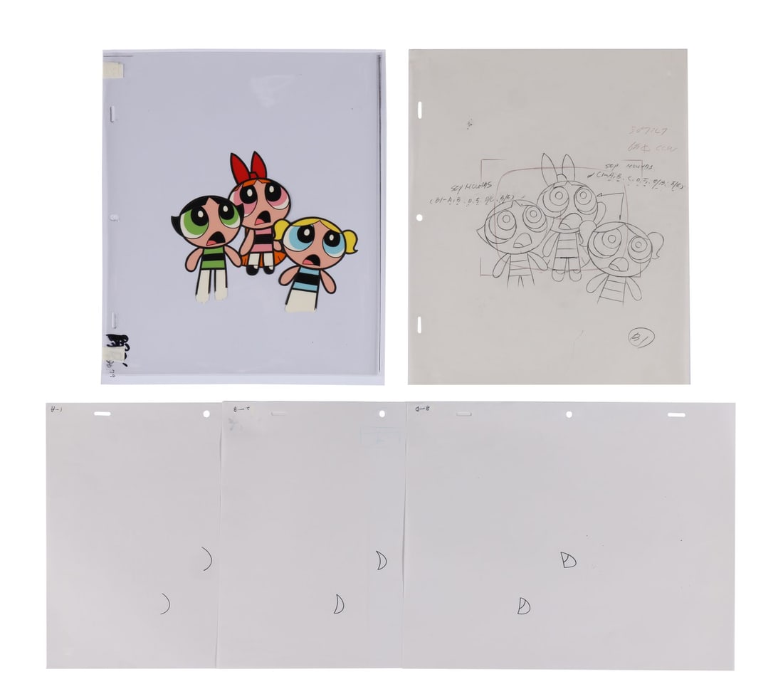 THE POWERPUFF GIRLS (T.V. SERIES, 1998-2005) - Buttercup, Blossom and Bubbles Original Production: THE POWERPUFF GIRLS (T.V. SERIES, 1998-2005) - Buttercup, Blossom and Bubbles Original Production Cels and Original Camera Layout Drawing - A powerful original production cel setup of Blossom, Butterc