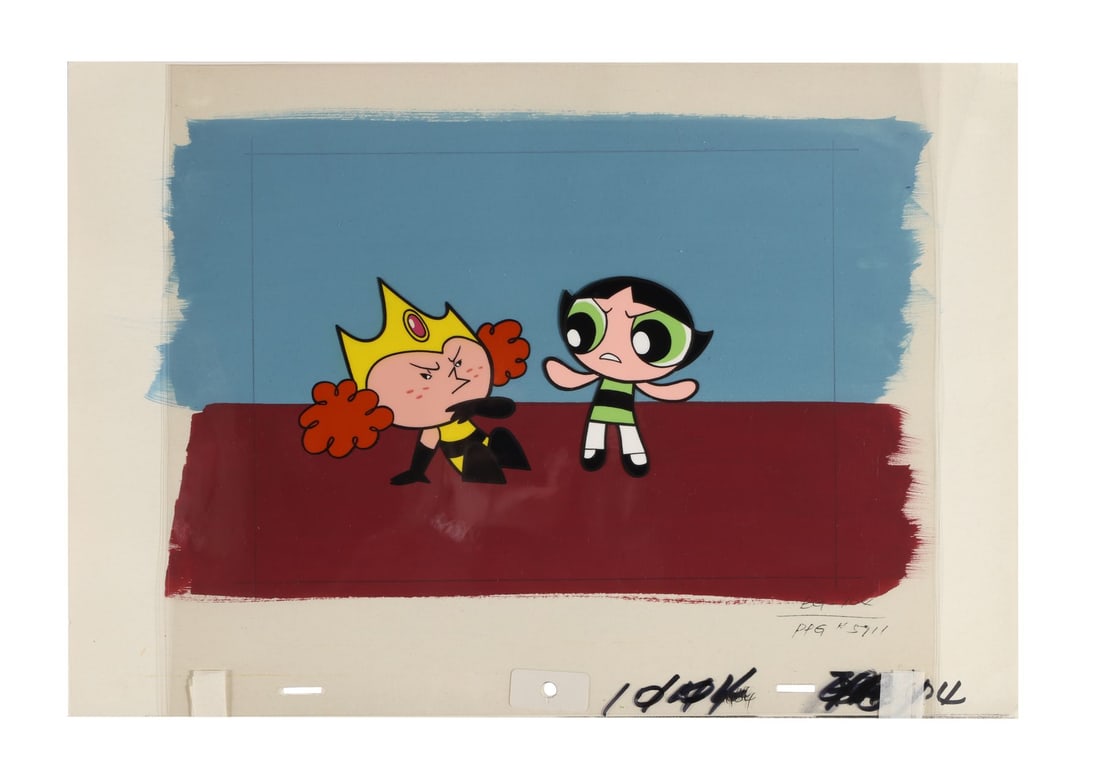 THE POWERPUFF GIRLS (T.V. SERIES, 1998-2005) - Princess Morbucks and Buttercup Original Production: THE POWERPUFF GIRLS (T.V. SERIES, 1998-2005) - Princess Morbucks and Buttercup Original Production Cels on Key Master Production Background from 'Stuck Up, Up and Away' - An original production cel of