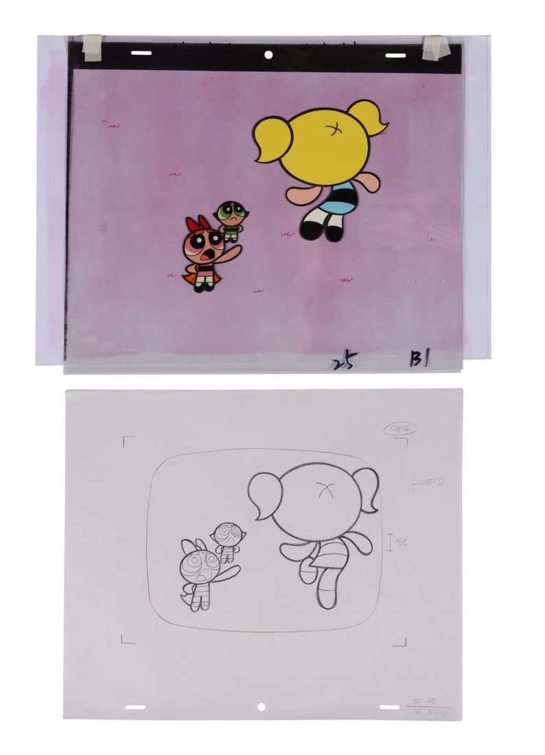 THE POWERPUFF GIRLS (T.V. SERIES, 1998-2005) - Bubbles, Blossom and Buttercup Cel Setup and Original: THE POWERPUFF GIRLS (T.V. SERIES, 1998-2005) - Bubbles, Blossom and Buttercup Cel Setup and Original Camera Layout Drawing - A dynamic original production cel setup of Bubbles, Blossom and Buttercup o