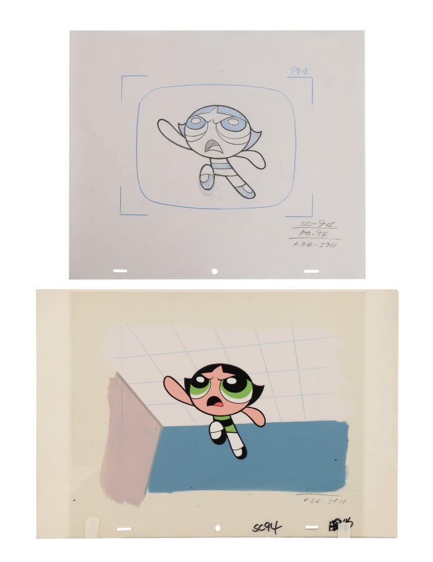THE POWERPUFF GIRLS (T.V. SERIES, 1998-2005) - Buttercup Original Production Cel on Key Master: THE POWERPUFF GIRLS (T.V. SERIES, 1998-2005) - Buttercup Original Production Cel on Key Master Production Backgrond and Original Camera Layout Drawing from 'Stuck Up, Up and Away' - An original produc