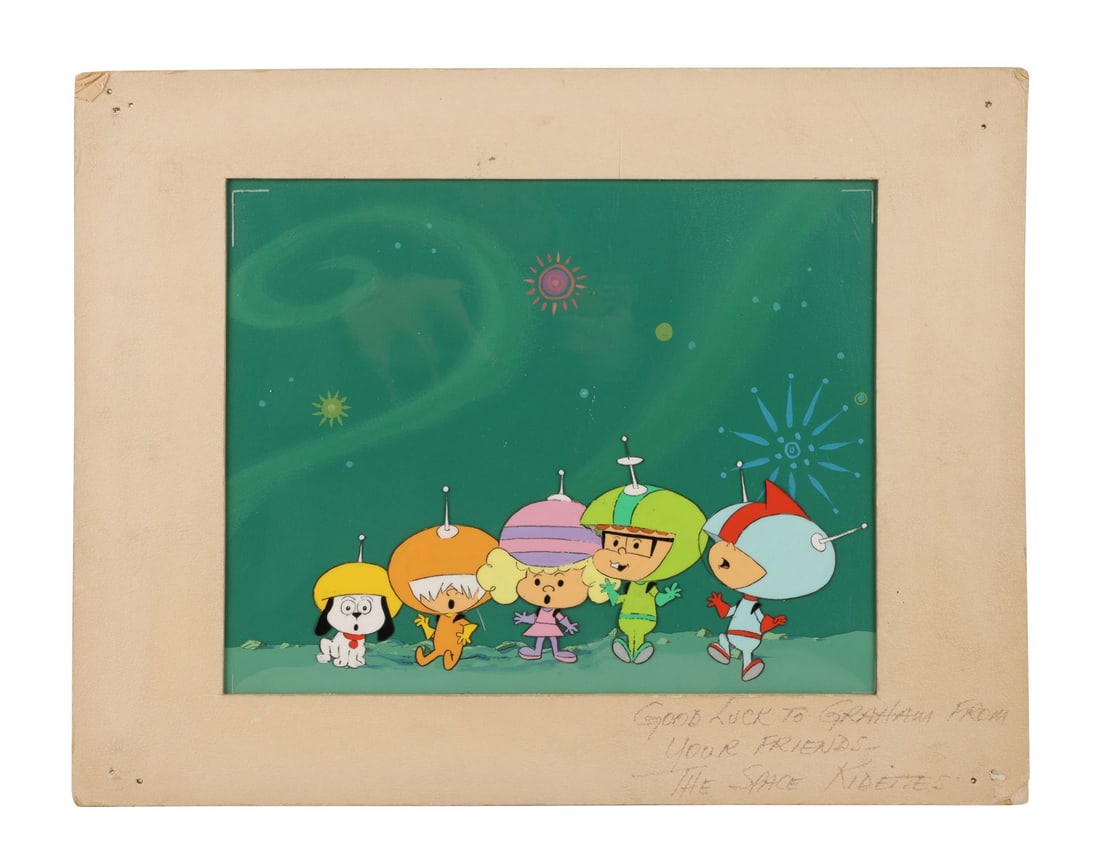 THE SPACE KIDETTES (T.V. SERIES, 1966-1967) - Scooter, Countdown, Jenny Ket, Snoopy and Pupstar: THE SPACE KIDETTES (T.V. SERIES, 1966-1967) - Scooter, Countdown, Jenny Ket, Snoopy and Pupstar Original Production Cel on Key Master Production Background - A delightful original production cel from