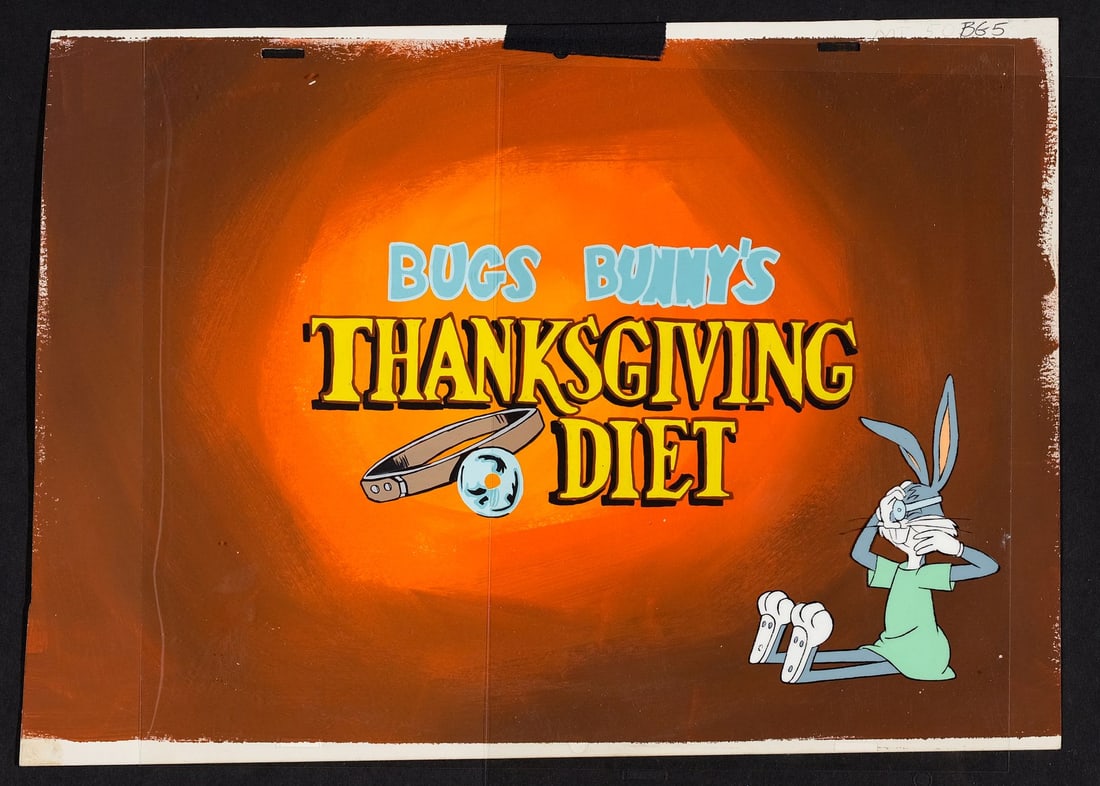 THANKSGIVING DIET (1979) - Bugs Bunny 'Thanksgiving Diet' Title Original Production Cel on Key: THANKSGIVING DIET (1979) - Bugs Bunny 'Thanksgiving Diet' Title Original Production Cel on Key Master Background - An original title card production setup from Bugs Bunny's Thanksgiving Diet Special,