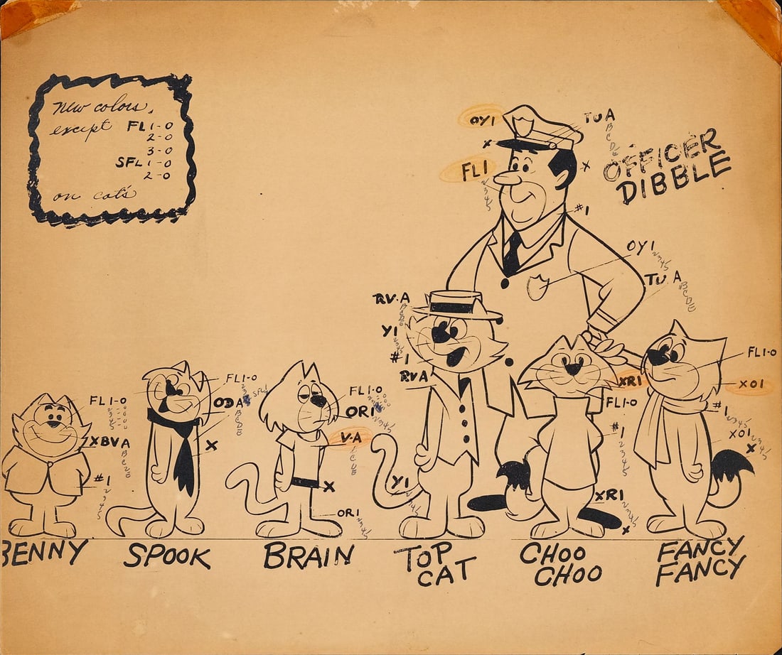 TOP CAT (1961) - Top Cat Cast Original Photostat Model Sheet: TOP CAT (1961) - Top Cat Cast Original Photostat Model Sheet - A fantastic original photostat model sheet from Top Cat (Hanna-Barbera, 1961-1962) featuring the complete cast lineup: Benny, Spook, Brai