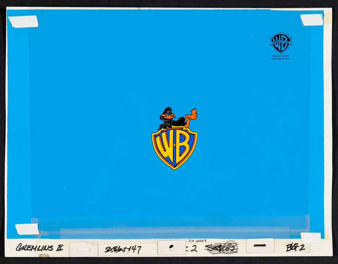 GREMLINS 2: THE NEW BATCH (1990) - Daffy Duck Original Production Cel on Original Production Master: GREMLINS 2: THE NEW BATCH (1990) - Daffy Duck Original Production Cel on Original Production Master Background Used in the "Gremlins 2" Opening Sequence - A remarkable original production cel and mast