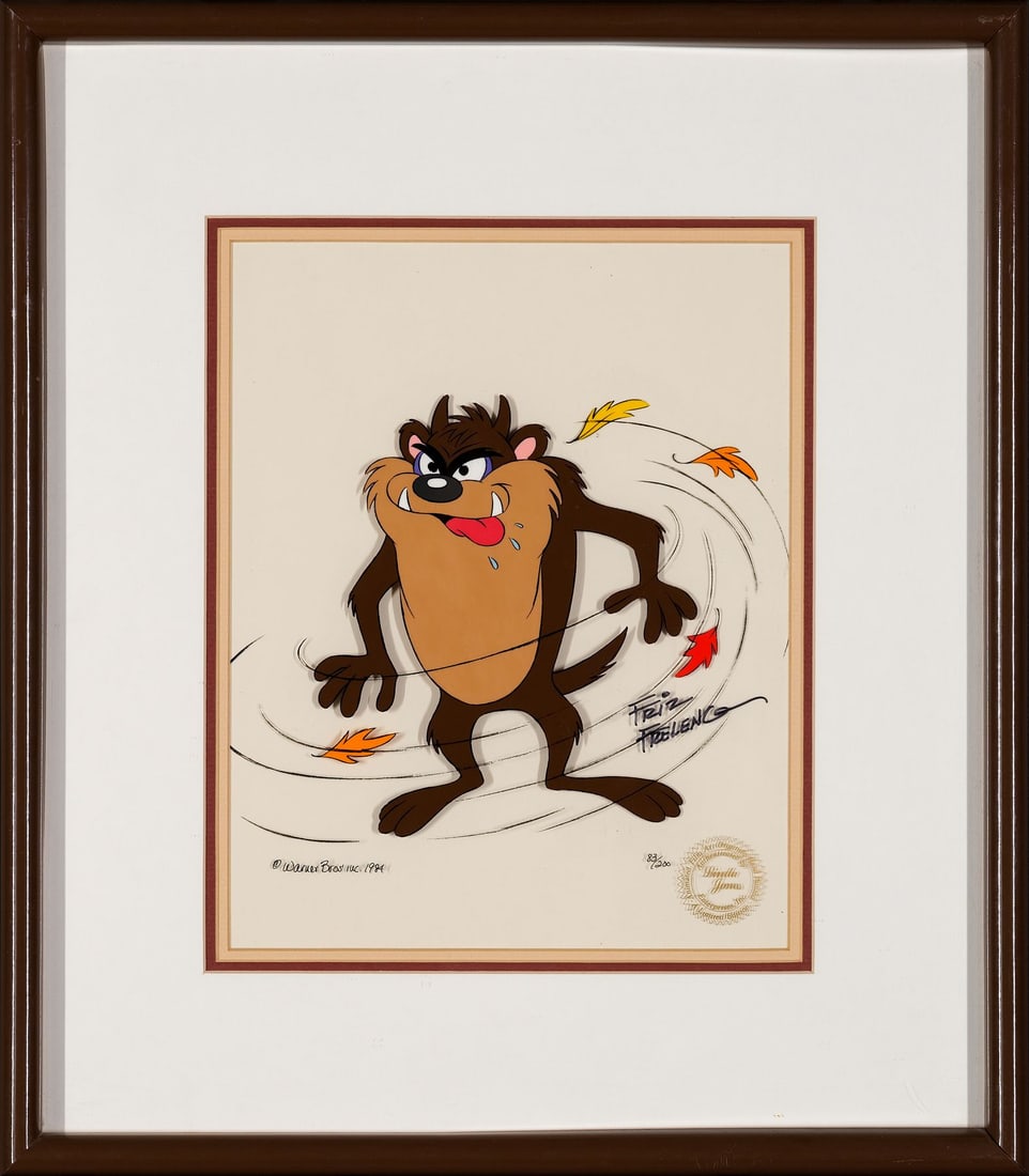 LOONEY TUNES (1929 - PRESENT) - Framed Tasmanian "Taz" Devil Whirling Dervish Hand-Painted Limited: LOONEY TUNES (1929 - PRESENT) - Framed Tasmanian "Taz" Devil Whirling Dervish Hand-Painted Limited Edition 83/200 Signed Friz Freleng - A scarce and wonderfully expressive hand-painted limited edition