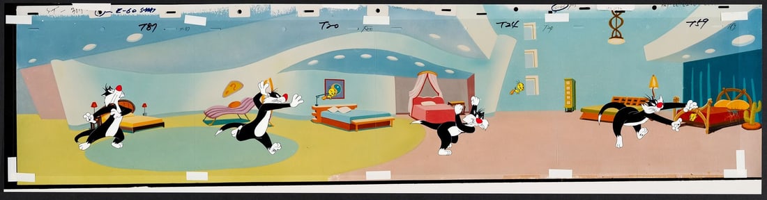 LOONEY TUNES (1929 - PRESENT) - Tweety, Sylvester Original Production Cel Sequence on Photographic: LOONEY TUNES (1929 - PRESENT) - Tweety, Sylvester Original Production Cel Sequence on Photographic Panoramic Background - A spectacular original production cel sequence from Looney Tunes featuring Twe