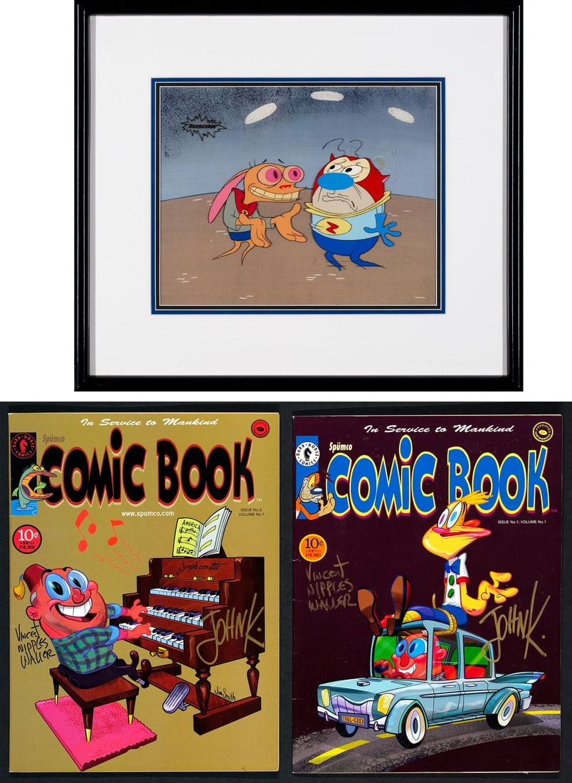 REN AND STIMPY (1991-1996) - Ren and Stimpy "Space Madness" Original Production Cel Setup Signed en: REN AND STIMPY (1991-1996) - Ren and Stimpy "Space Madness" Original Production Cel Setup Signed en verso by John Kricfalusi Framed plus Two Spumco Comic Book issues Signed by John Kricfalusi - A spec