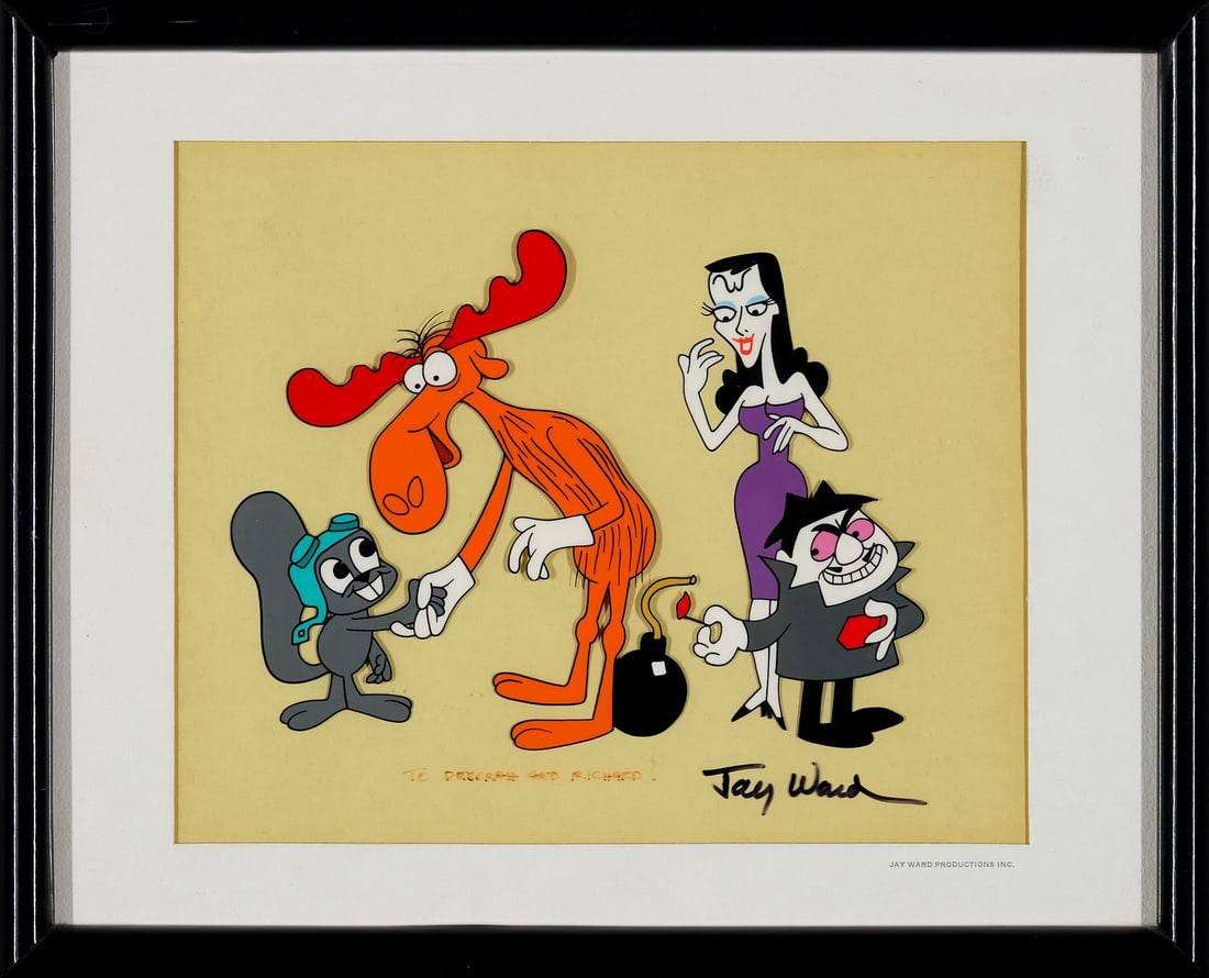 THE ADVENTURES OF ROCKY AND BULLWINKLE AND FRIENDS (1959 - 1964) - Framed Rocky and Bullwinkle with: THE ADVENTURES OF ROCKY AND BULLWINKLE AND FRIENDS (1959 - 1964) - Framed Rocky and Bullwinkle with Boris and Natasha Promotional Cel Signed Jay Ward - A superb hand-painted promotional cel featuring
