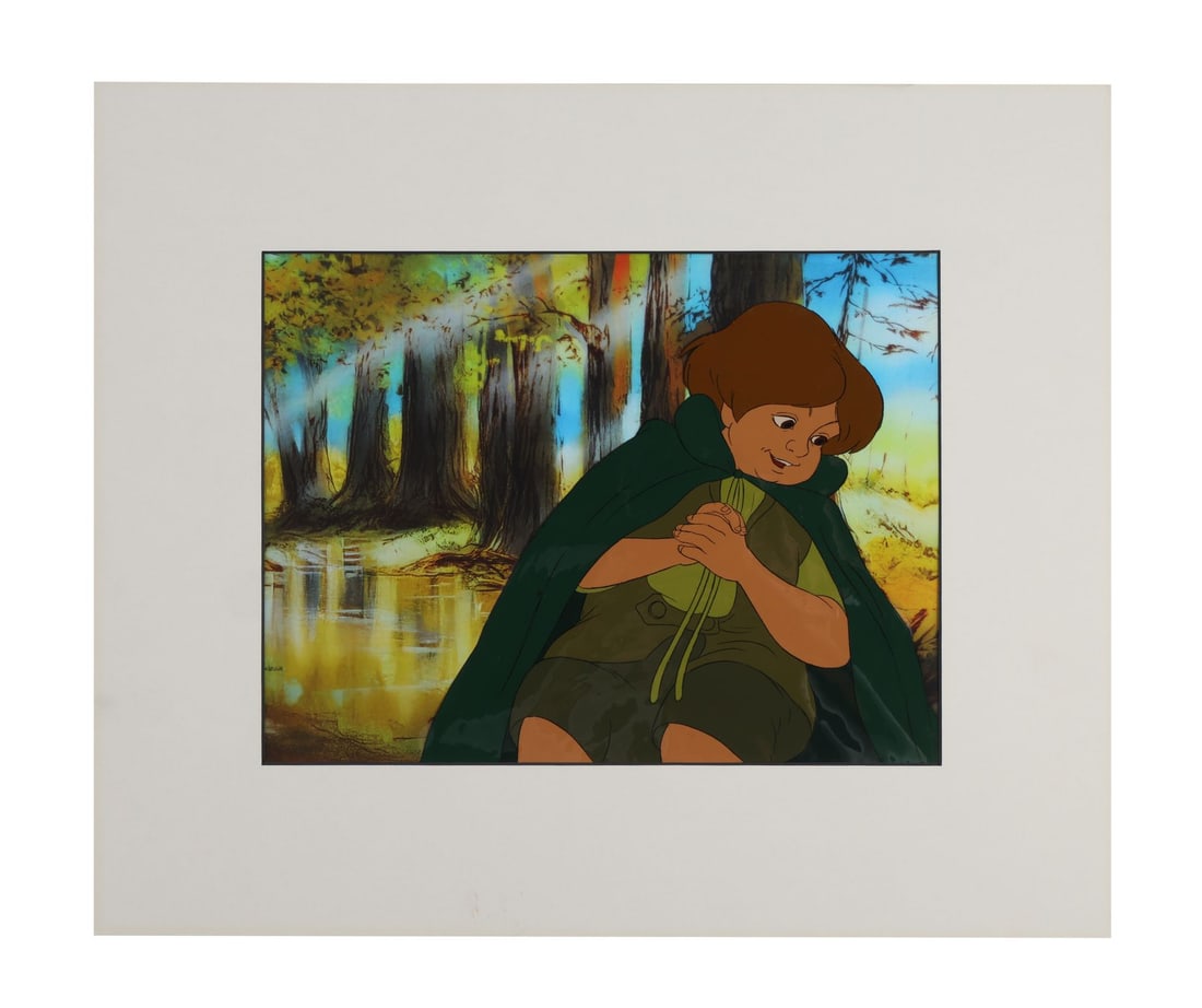 THE LORD OF THE RINGS (1978) - Pippin Original Production Cel on Fine Art Giclee Presentation: THE LORD OF THE RINGS (1978) - Pippin Original Production Cel on Fine Art Giclee Presentation Background - A captivating original production cel from Ralph Bakshi's The Lord of the Rings (1978), featu