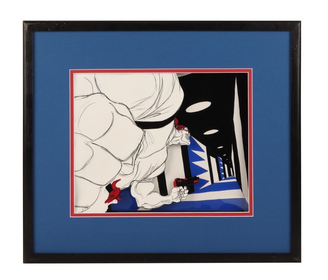 NATURAL BORN KILLERS (1994) - Framed Mickey Knox Original Production Cel setup on Key Master: NATURAL BORN KILLERS (1994) - Framed Mickey Knox Original Production Cel setup on Key Master Production Background - A striking original production cel setup from the animated sequence in Oliver Stone