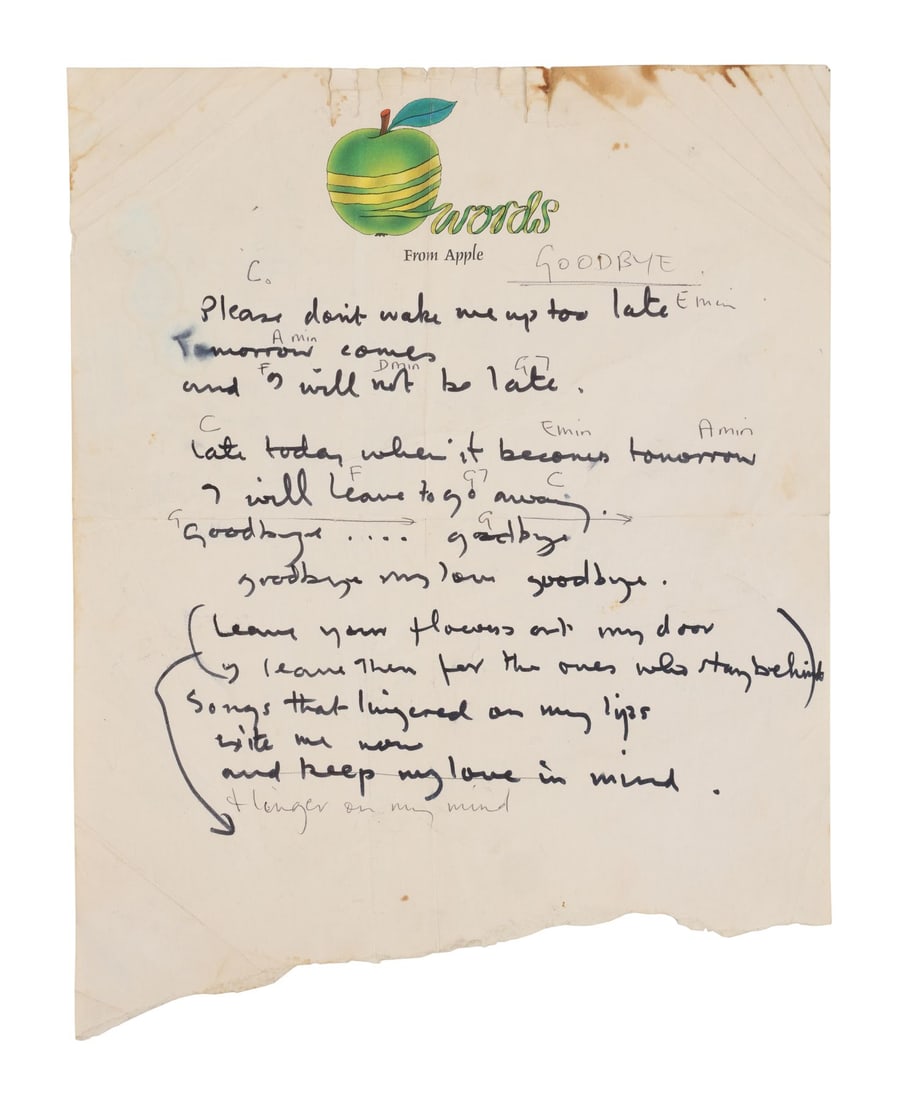 PAUL MCCARTNEY - Paul McCartney's Handwritten "Goodbye" First-Draft Lyrics, 1969 (1 of 4)