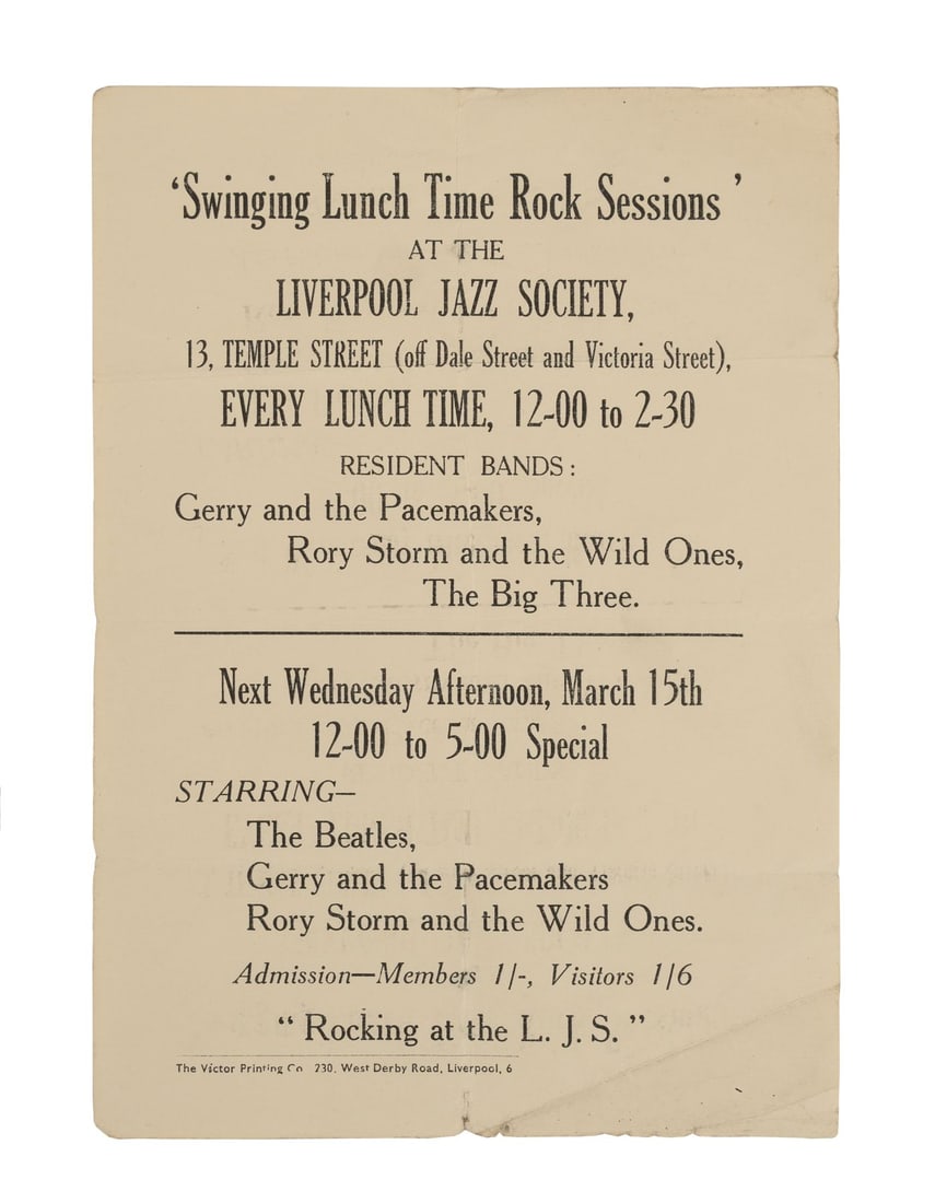 THE BEATLES - Swinging Lunch Time Rock Sessions Handbill, 1961 (1 of 2)