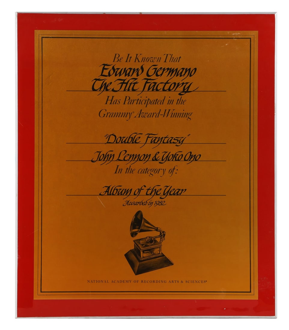 JOHN LENNON AND YOKO ONO - Double Fantasy Grammy Award Certificate Presented to Edward Germano of: JOHN LENNON AND YOKO ONO - Double Fantasy Grammy Award Certificate Presented to Edward Germano of The Hit Factory, 1982 - An original Grammy Award certificate presented to Edward Germano of The Hit Fa