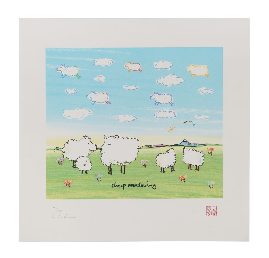 JOHN LENNON AND YOKO ONO - Yoko Ono-signed Limited Edition "Sheep Meadowing" Lithograph, 2003: JOHN LENNON AND YOKO ONO - Yoko Ono-signed Limited Edition "Sheep Meadowing" Lithograph, 2003 - A limited-edition lithograph of John Lennon's "Sheep Meadowing" artwork, signed by Yoko Ono. The print h