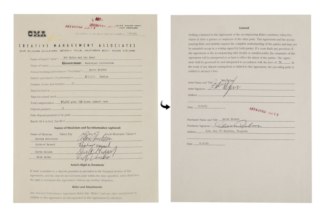 BOB DYLAN - Bob Dylan and The Band-Signed Concert Contract (1 of 4)