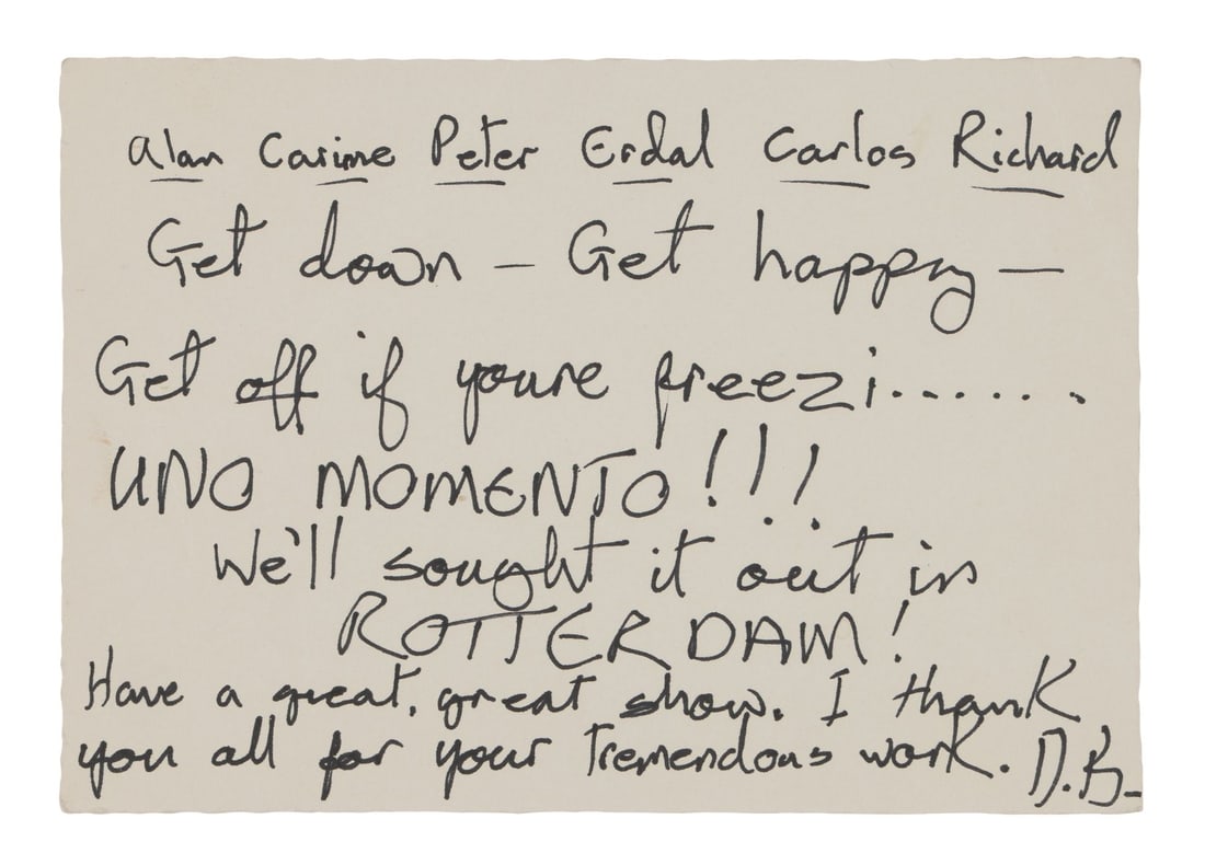 DAVID BOWIE - The Denis O'Regan Collection: David Bowie Handwritten Note to His Band, 1987 (1 of 2)